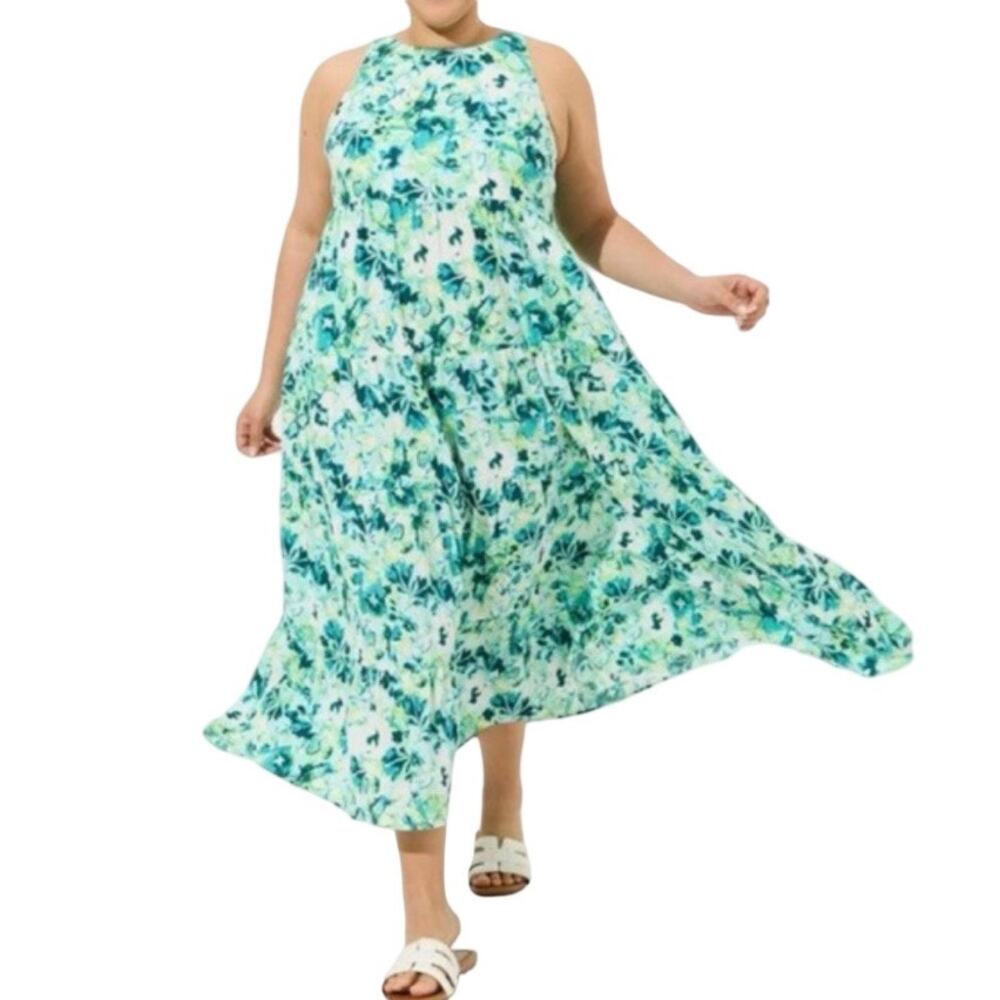 Torrid Green Floral Gauze Tiered Maxi Dress Sz 1X Halter‎ Tropical Cruise Resort